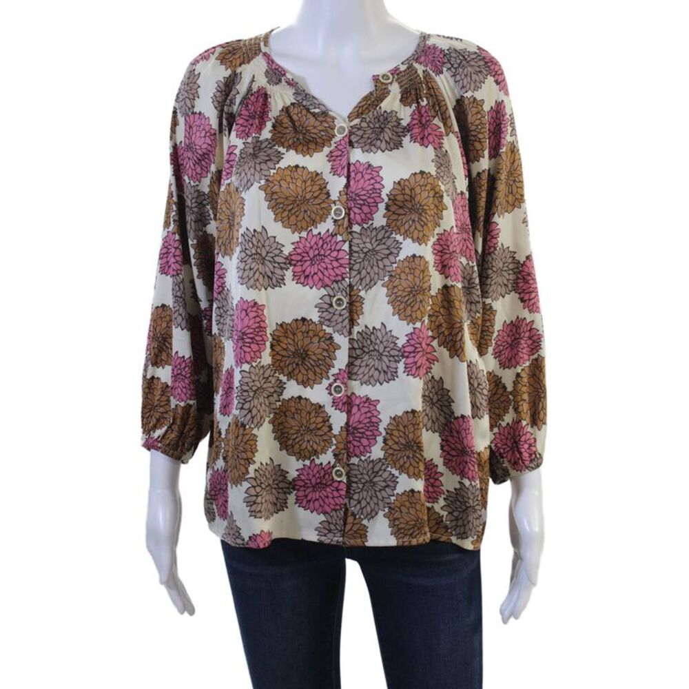 Tucker Women Beige Floral Tunic Blouse Button-Up 3/4 Sleeve Round Neck Size S